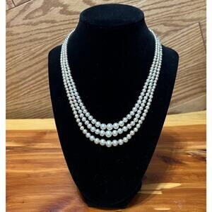 Vintage MidCentury Modern Style Faux? Pearl Layered Necklace Rhinestone Clasp